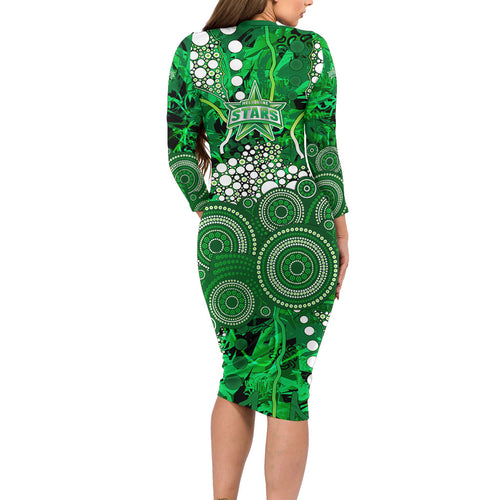 Melbourne Stars Long Sleeve Bodycon Dress Graffiti Urban Aboriginal Dot Abstract Design