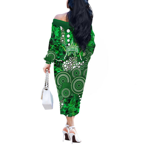 Melbourne Stars Off The Shoulder Long Sleeve Dress Graffiti Urban Aboriginal Dot Abstract Design