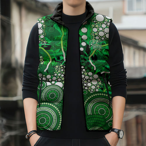 Melbourne Stars Sleeveless Puffer Jacket Graffiti Urban Aboriginal Dot Abstract Design