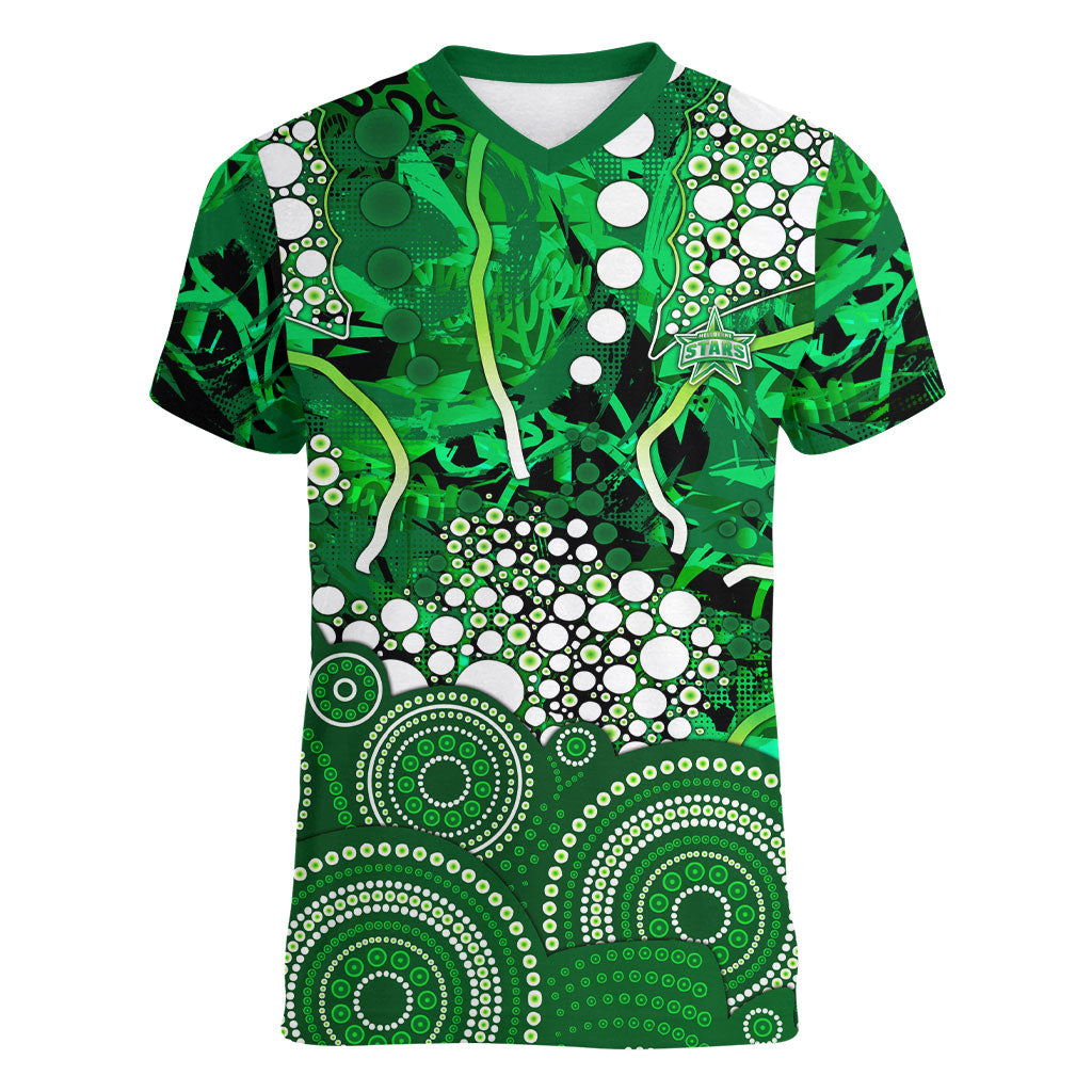 Melbourne Stars Women V-Neck T-Shirt Graffiti Urban Aboriginal Dot Abstract Design