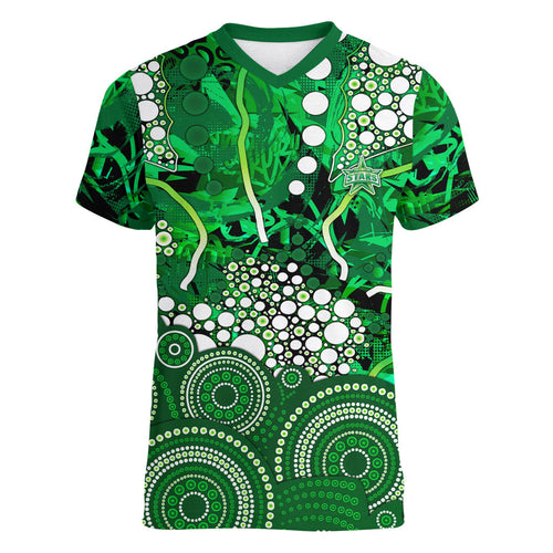Melbourne Stars Women V-Neck T-Shirt Graffiti Urban Aboriginal Dot Abstract Design