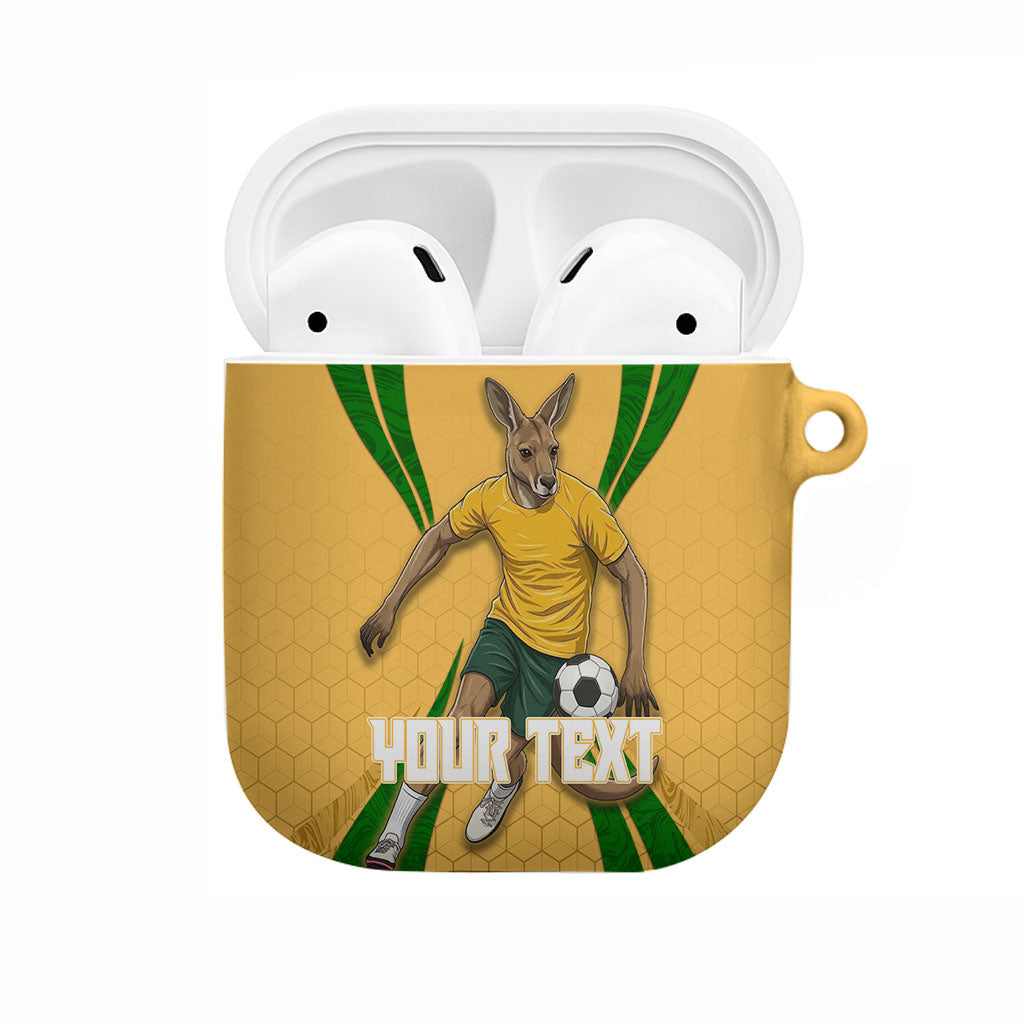 Personalized Australia Soccer Kangaroo AirPods Case Gold Green Aussie Football Mascot Dynamic Sports Graphic