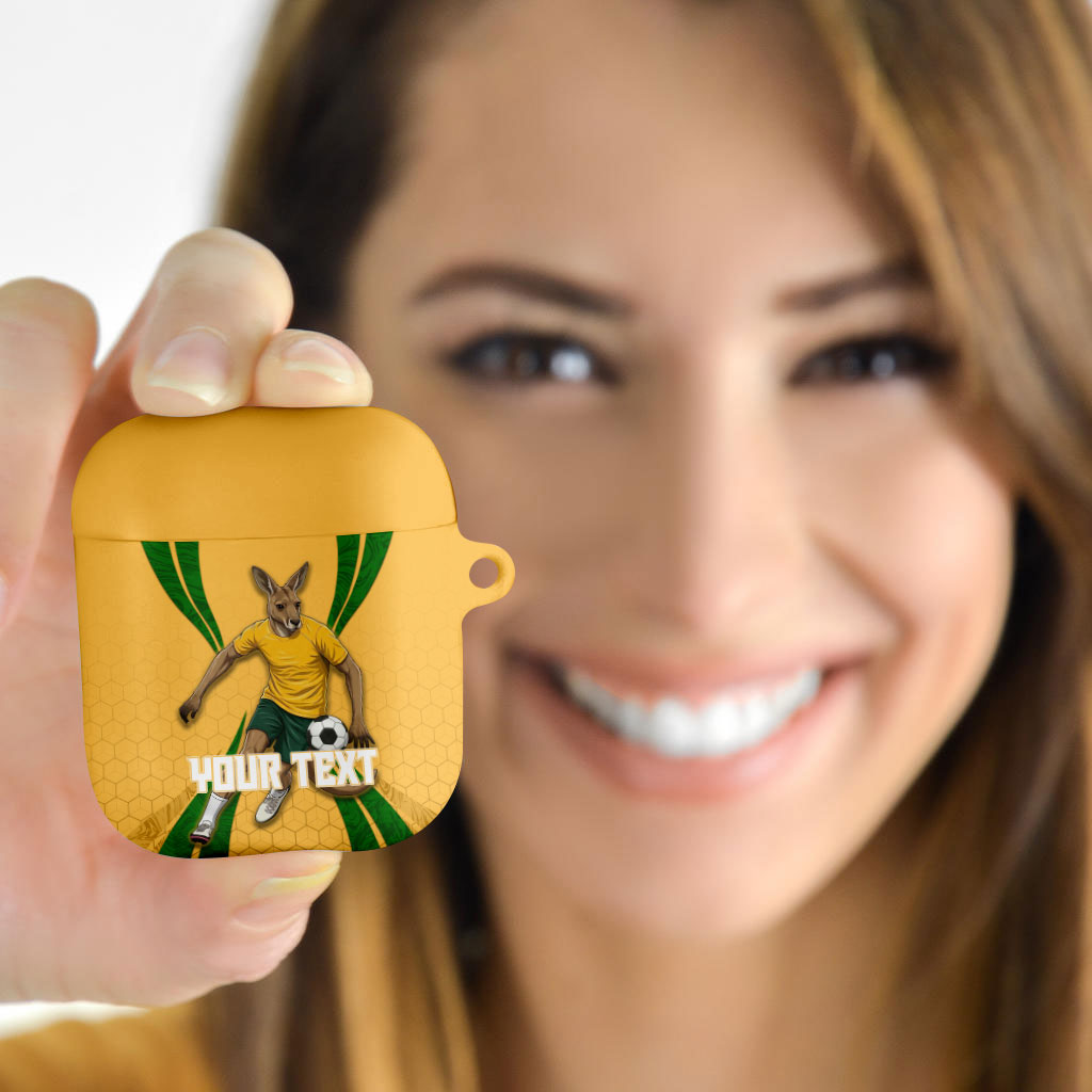 Personalized Australia Soccer Kangaroo AirPods Case Gold Green Aussie Football Mascot Dynamic Sports Graphic