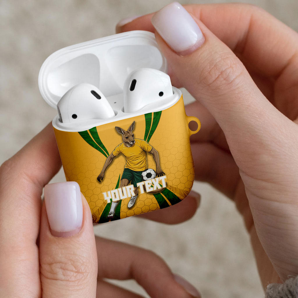 Personalized Australia Soccer Kangaroo AirPods Case Gold Green Aussie Football Mascot Dynamic Sports Graphic