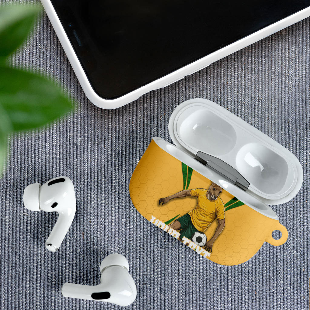 Personalized Australia Soccer Kangaroo AirPods Case Gold Green Aussie Football Mascot Dynamic Sports Graphic