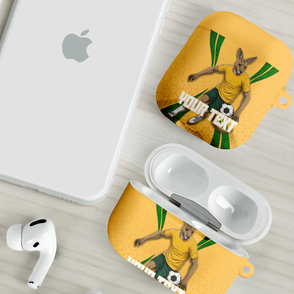 Personalized Australia Soccer Kangaroo AirPods Case Gold Green Aussie Football Mascot Dynamic Sports Graphic