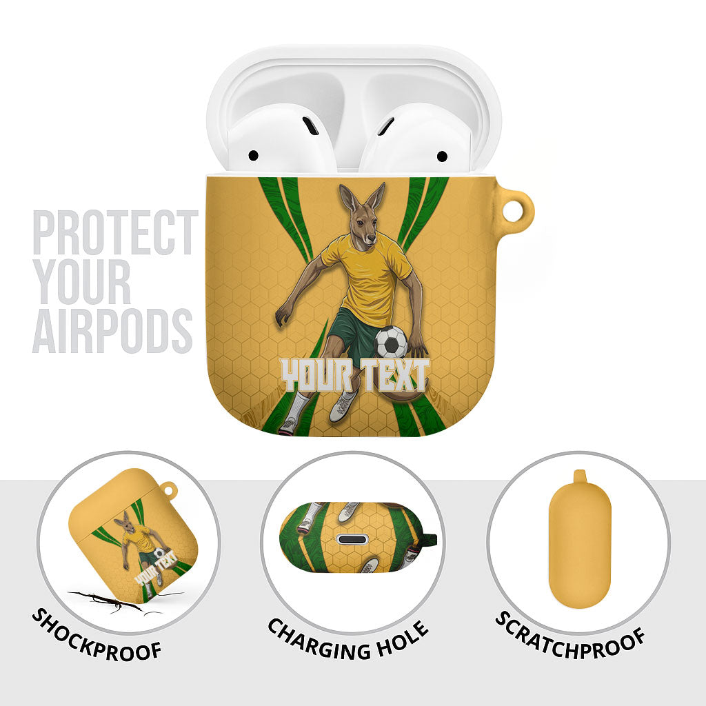 Personalized Australia Soccer Kangaroo AirPods Case Gold Green Aussie Football Mascot Dynamic Sports Graphic