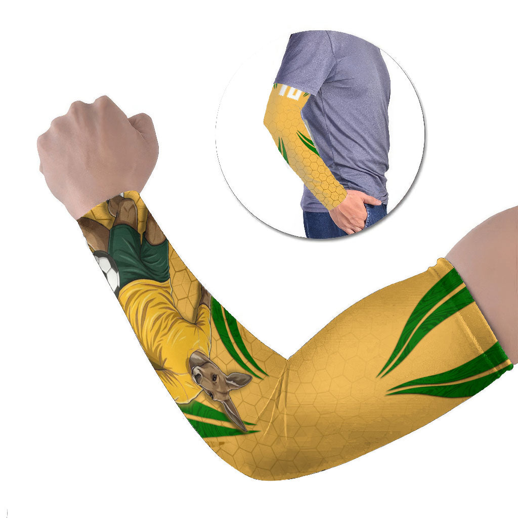 Personalized Australia Soccer Kangaroo Arm Sleeves Gold Green Aussie Football Mascot Dynamic Sports Graphic