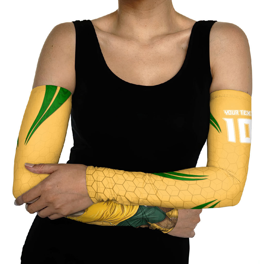 Personalized Australia Soccer Kangaroo Arm Sleeves Gold Green Aussie Football Mascot Dynamic Sports Graphic