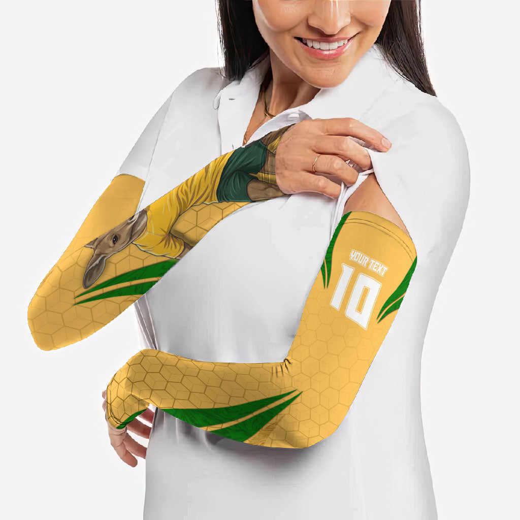 Personalized Australia Soccer Kangaroo Arm Sleeves Gold Green Aussie Football Mascot Dynamic Sports Graphic