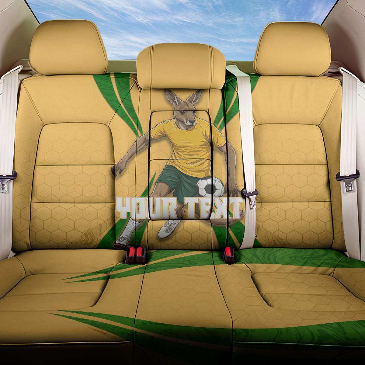 Personalized Australia Soccer Kangaroo Back Car Seat Cover Gold Green Aussie Football Mascot Dynamic Sports Graphic
