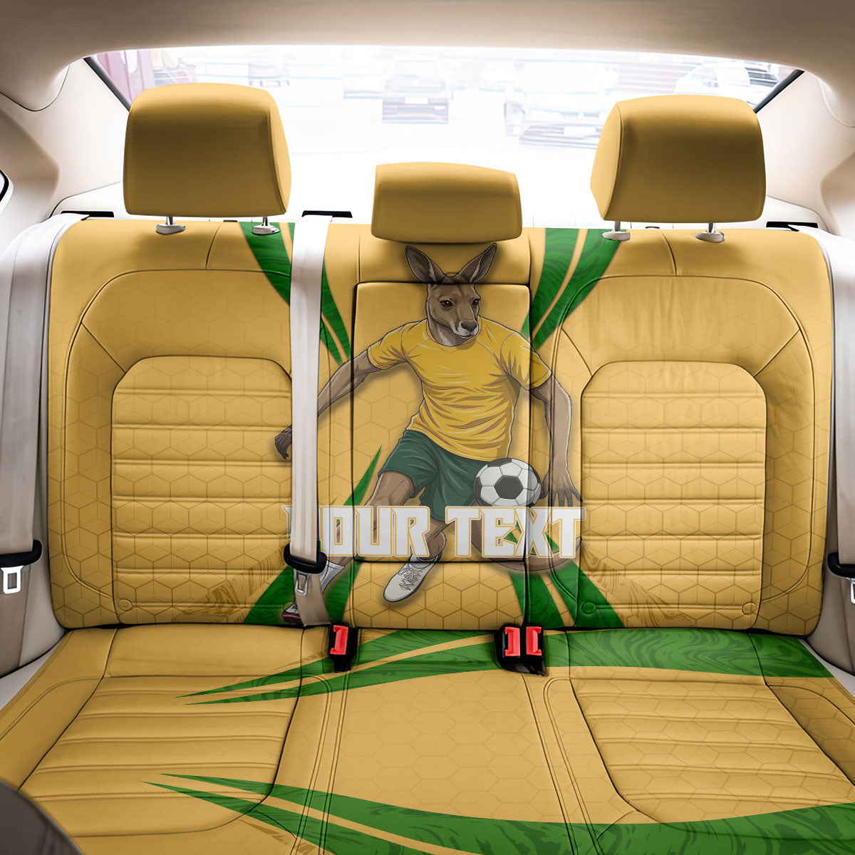 Personalized Australia Soccer Kangaroo Back Car Seat Cover Gold Green Aussie Football Mascot Dynamic Sports Graphic