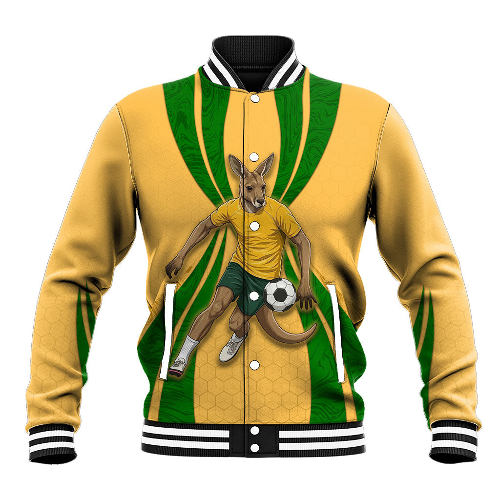 Personalized Australia Soccer Kangaroo Baseball Jacket Gold Green Aussie Football Mascot Dynamic Sports Graphic