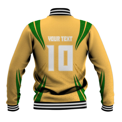Personalized Australia Soccer Kangaroo Baseball Jacket Gold Green Aussie Football Mascot Dynamic Sports Graphic