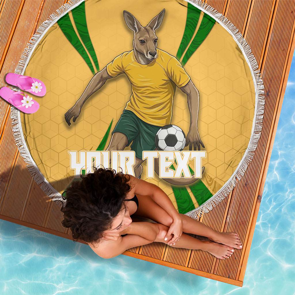 Personalized Australia Soccer Kangaroo Beach Blanket Gold Green Aussie Football Mascot Dynamic Sports Graphic