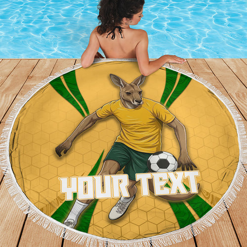Personalized Australia Soccer Kangaroo Beach Blanket Gold Green Aussie Football Mascot Dynamic Sports Graphic