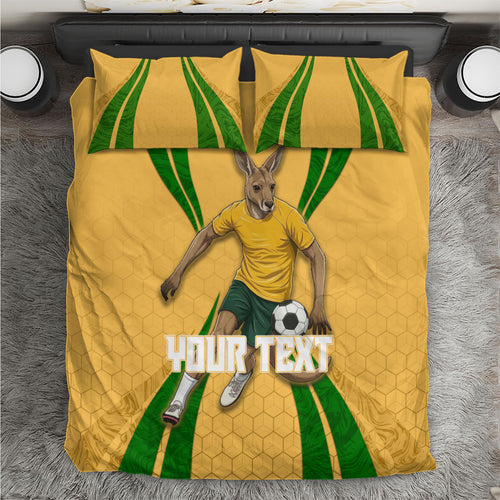 Personalized Australia Soccer Kangaroo Bedding Set Gold Green Aussie Football Mascot Dynamic Sports Graphic