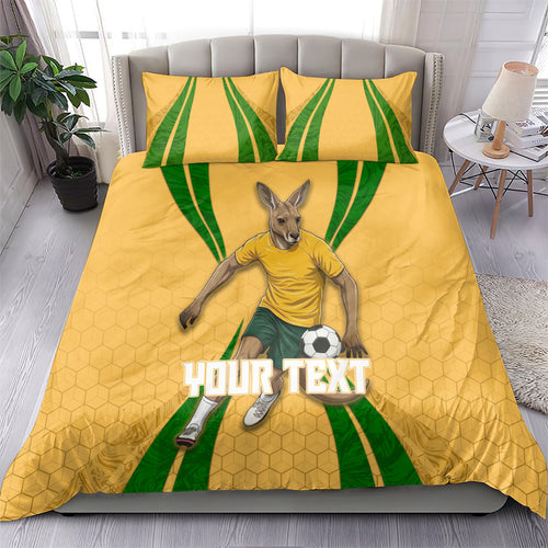 Personalized Australia Soccer Kangaroo Bedding Set Gold Green Aussie Football Mascot Dynamic Sports Graphic