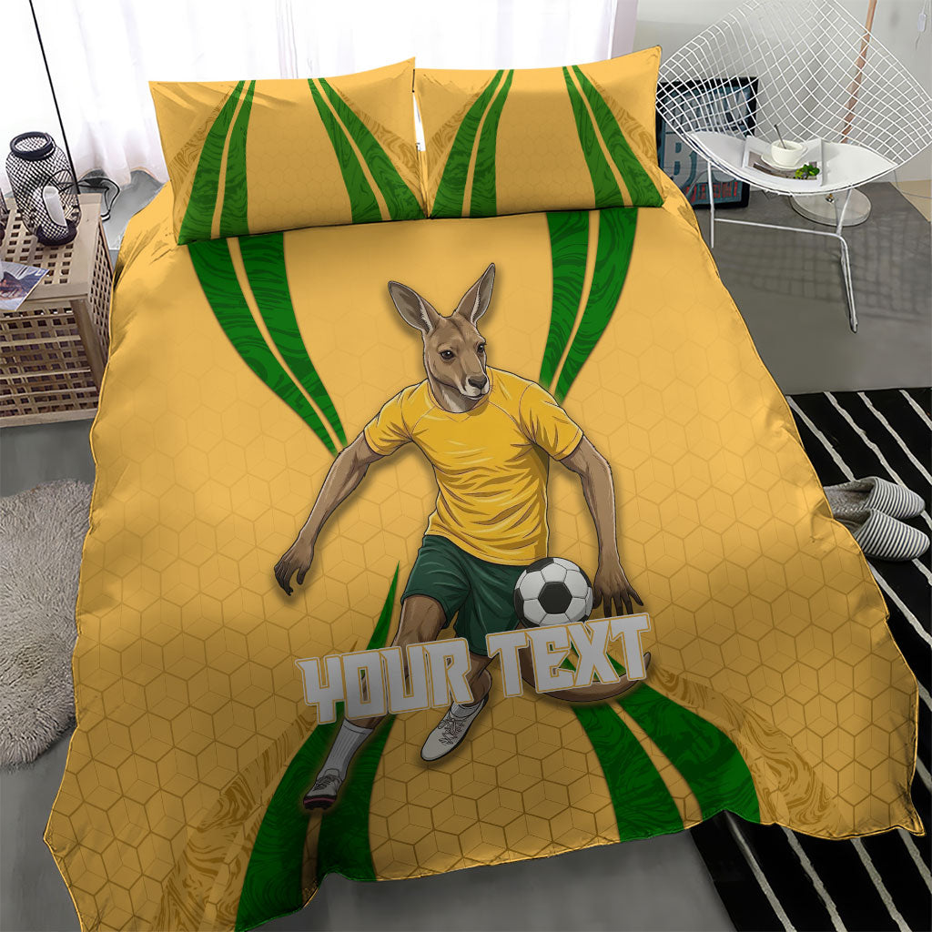 Personalized Australia Soccer Kangaroo Bedding Set Gold Green Aussie Football Mascot Dynamic Sports Graphic