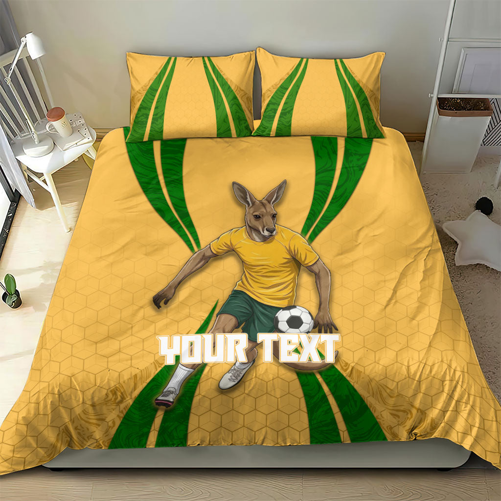 Personalized Australia Soccer Kangaroo Bedding Set Gold Green Aussie Football Mascot Dynamic Sports Graphic