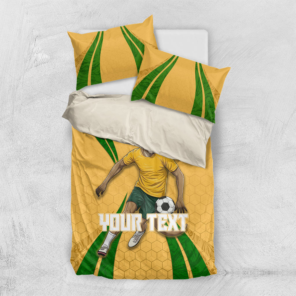 Personalized Australia Soccer Kangaroo Bedding Set Gold Green Aussie Football Mascot Dynamic Sports Graphic
