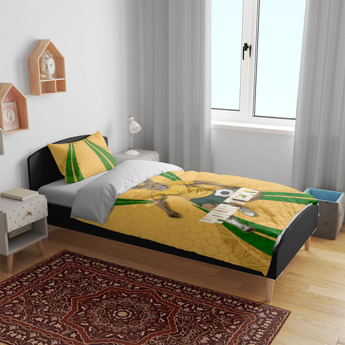 Personalized Australia Soccer Kangaroo Bedding Set Gold Green Aussie Football Mascot Dynamic Sports Graphic