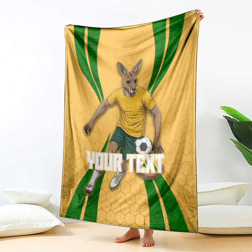 Personalized Australia Soccer Kangaroo Blanket Gold Green Aussie Football Mascot Dynamic Sports Graphic