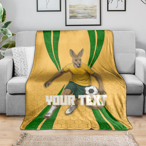 Personalized Australia Soccer Kangaroo Blanket Gold Green Aussie Football Mascot Dynamic Sports Graphic