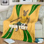 Personalized Australia Soccer Kangaroo Blanket Gold Green Aussie Football Mascot Dynamic Sports Graphic