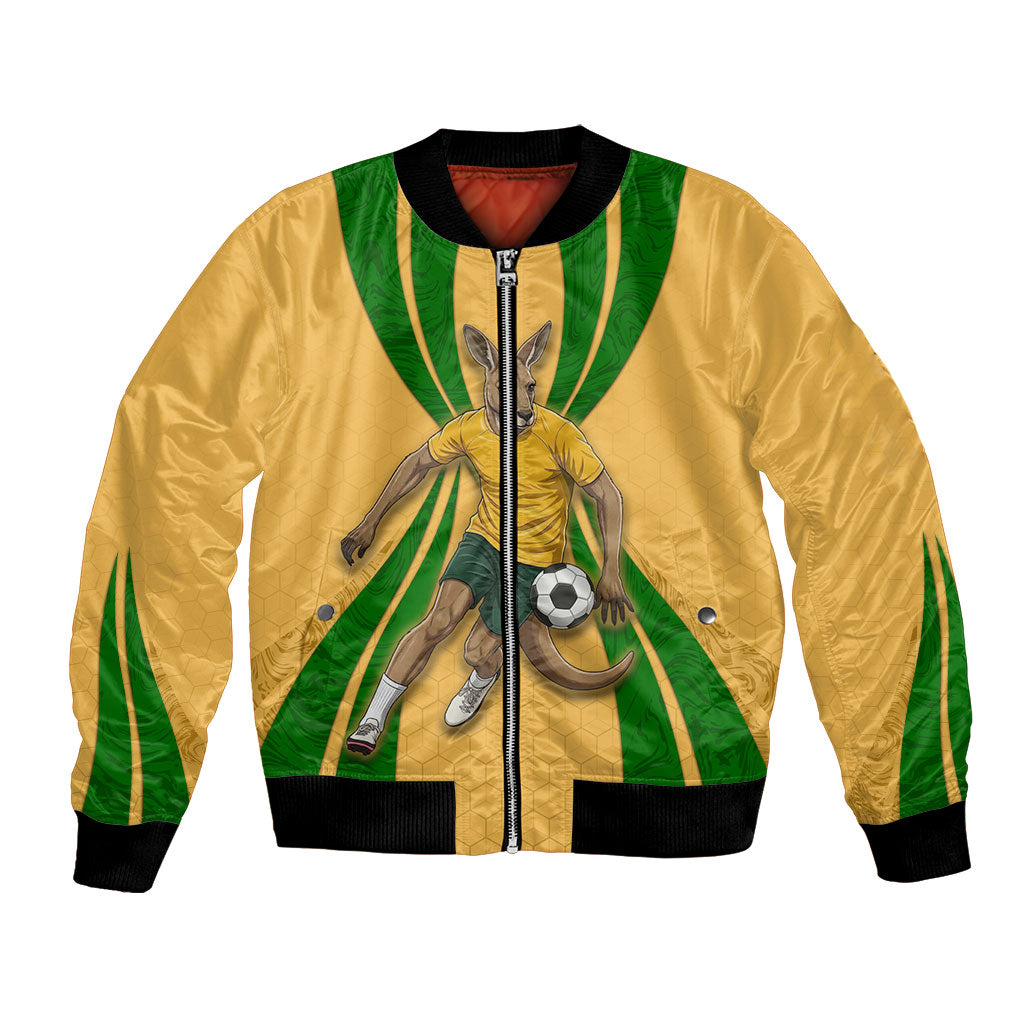 Personalized Australia Soccer Kangaroo Bomber Jacket Gold Green Aussie Football Mascot Dynamic Sports Graphic