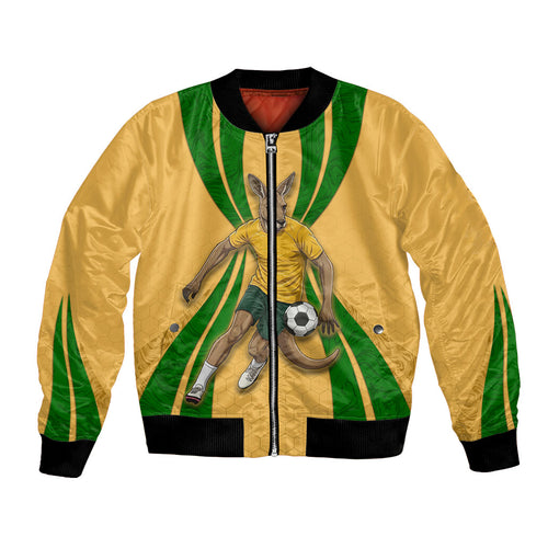 Personalized Australia Soccer Kangaroo Bomber Jacket Gold Green Aussie Football Mascot Dynamic Sports Graphic