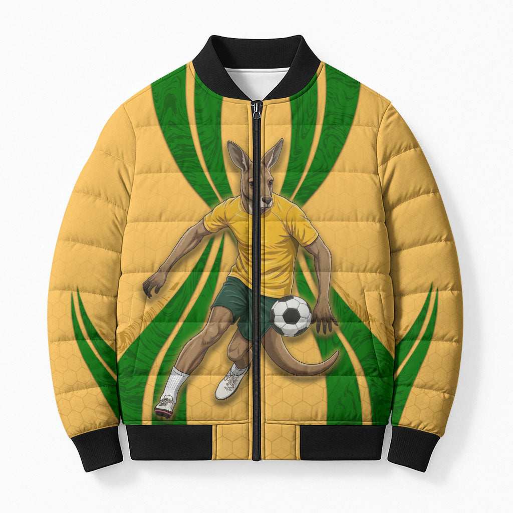 Personalized Australia Soccer Kangaroo Bomber Puffer Jacket Gold Green Aussie Football Mascot Dynamic Sports Graphic