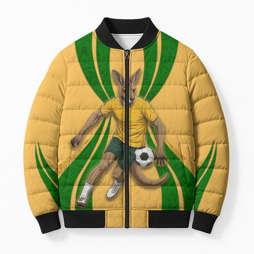 Personalized Australia Soccer Kangaroo Bomber Puffer Jacket Gold Green Aussie Football Mascot Dynamic Sports Graphic