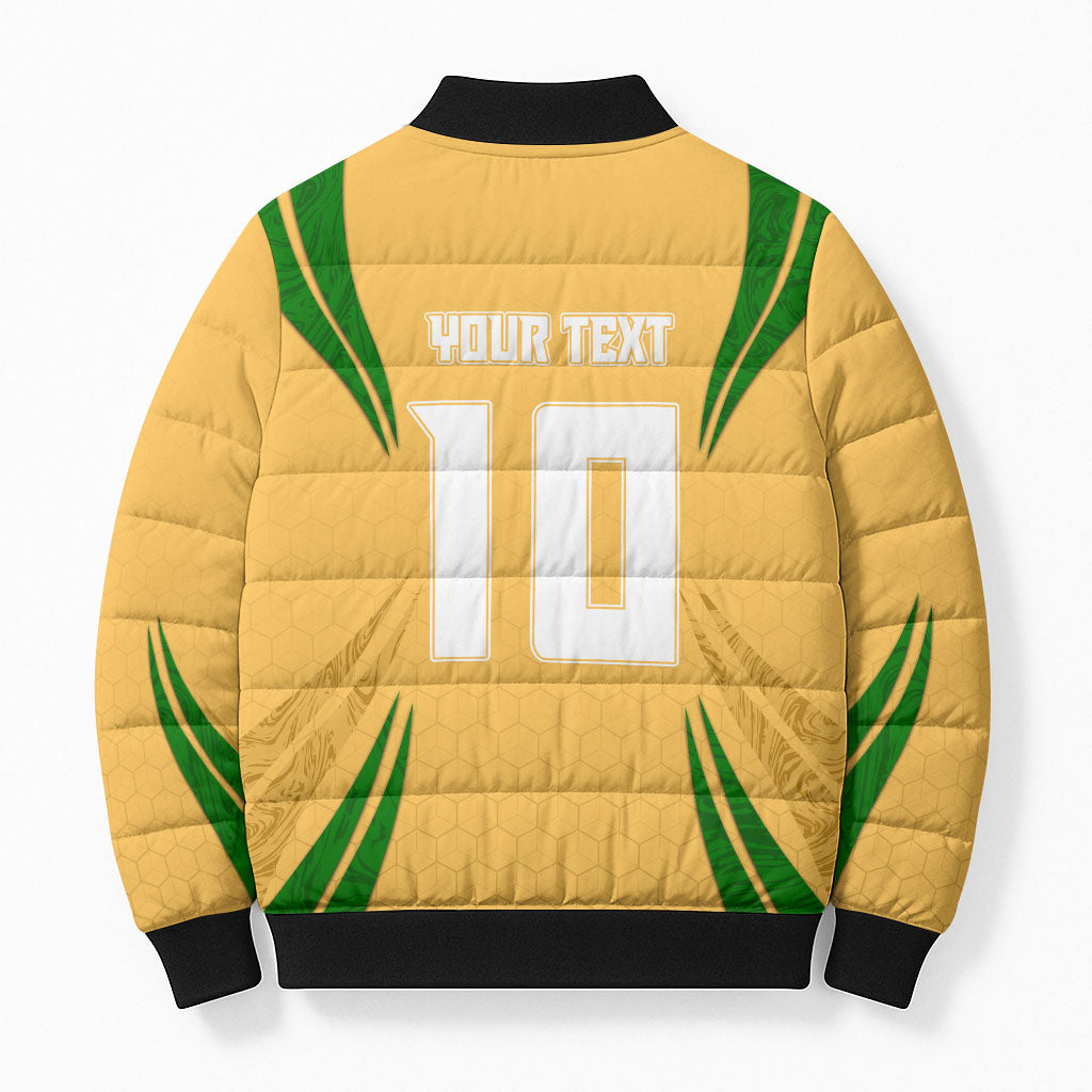 Personalized Australia Soccer Kangaroo Bomber Puffer Jacket Gold Green Aussie Football Mascot Dynamic Sports Graphic