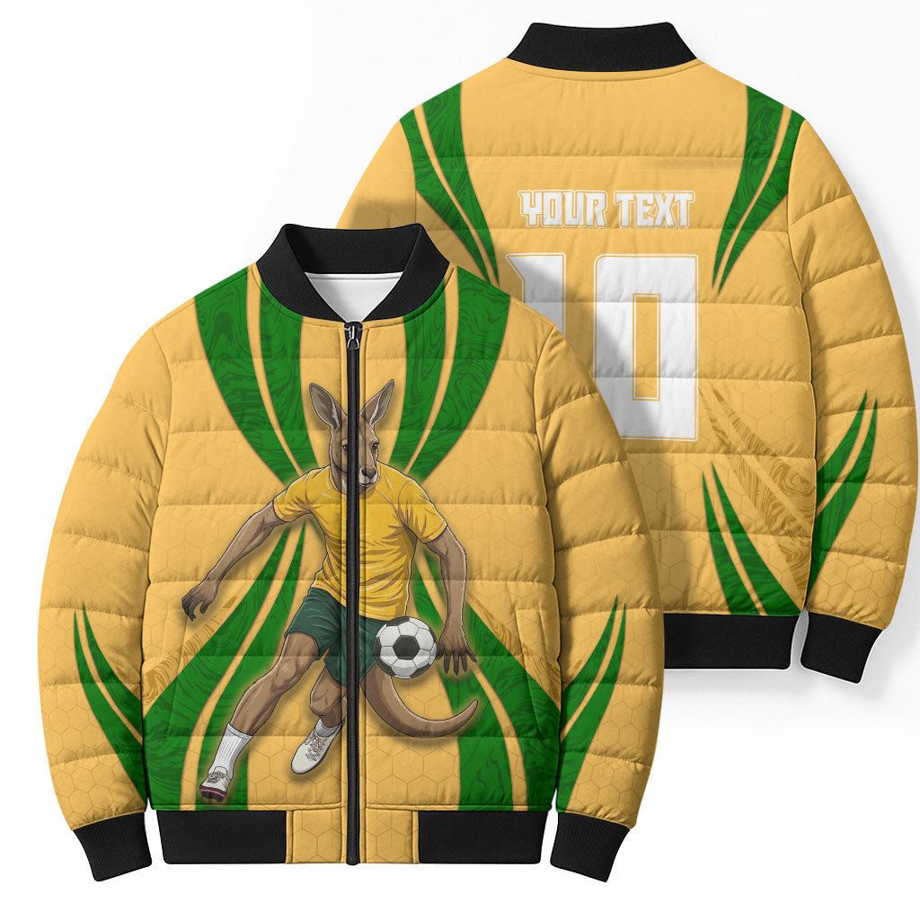 Personalized Australia Soccer Kangaroo Bomber Puffer Jacket Gold Green Aussie Football Mascot Dynamic Sports Graphic