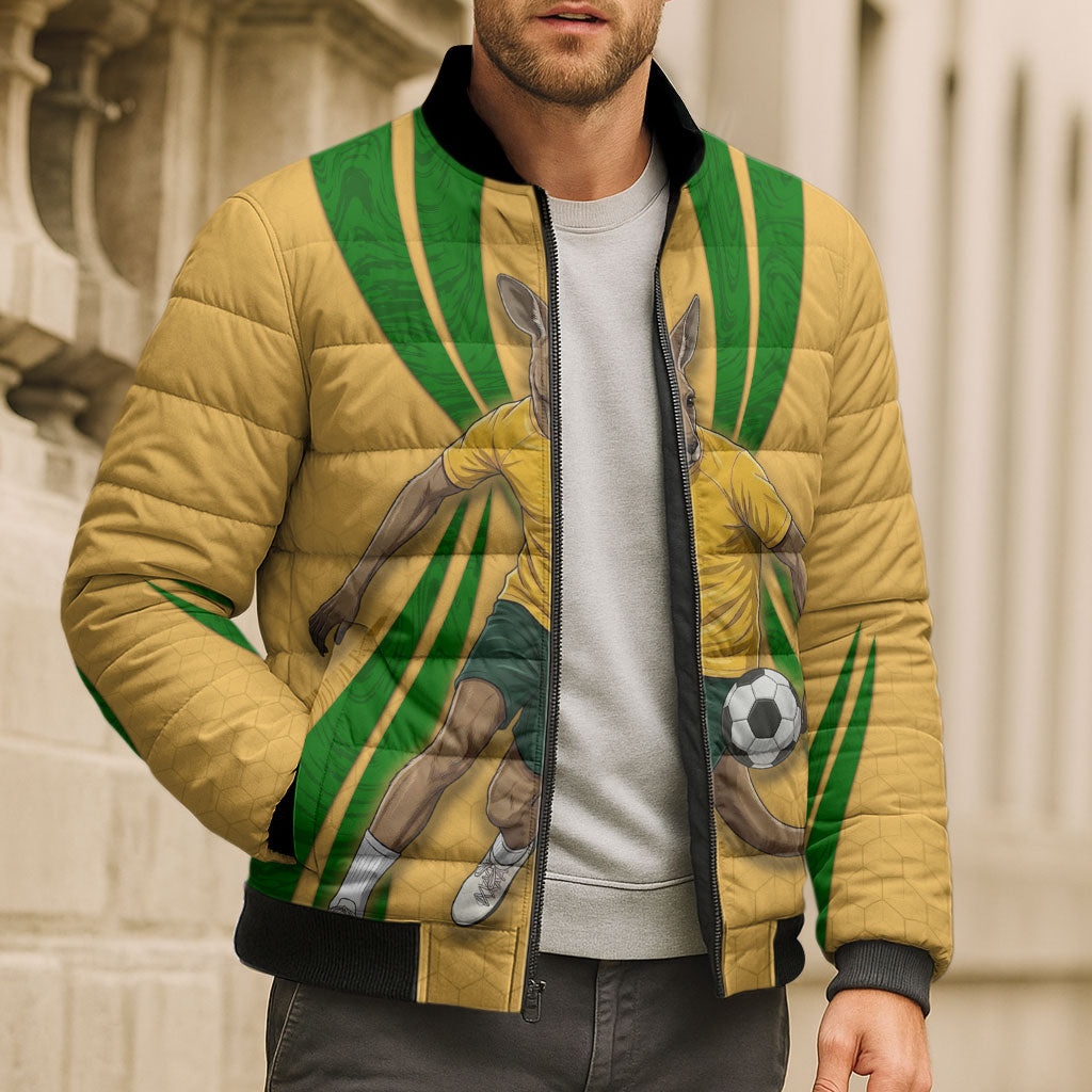 Personalized Australia Soccer Kangaroo Bomber Puffer Jacket Gold Green Aussie Football Mascot Dynamic Sports Graphic