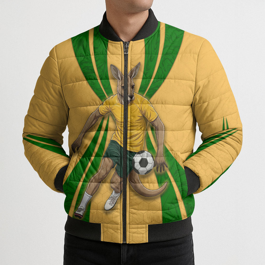 Personalized Australia Soccer Kangaroo Bomber Puffer Jacket Gold Green Aussie Football Mascot Dynamic Sports Graphic