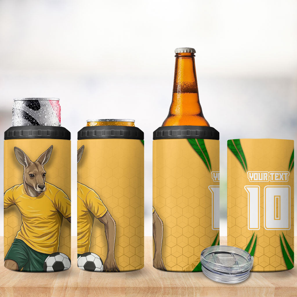Personalized Australia Soccer Kangaroo 4 in 1 Can Cooler Tumbler Gold Green Aussie Football Mascot Dynamic Sports Graphic