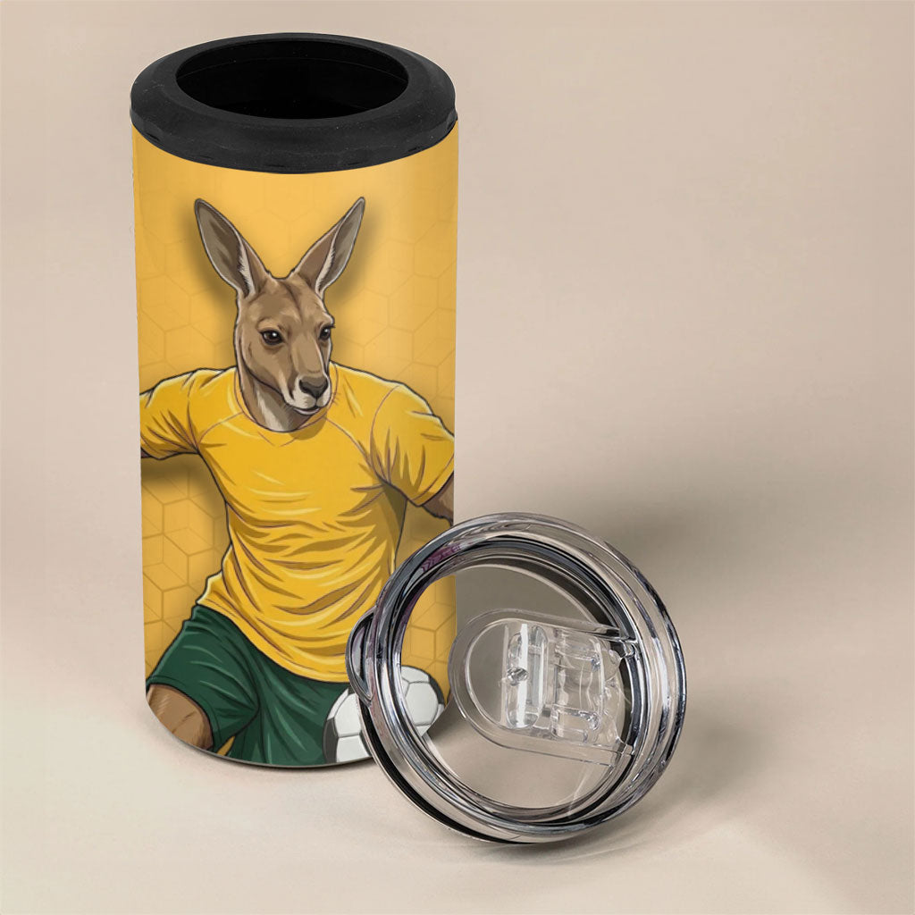 Personalized Australia Soccer Kangaroo 4 in 1 Can Cooler Tumbler Gold Green Aussie Football Mascot Dynamic Sports Graphic