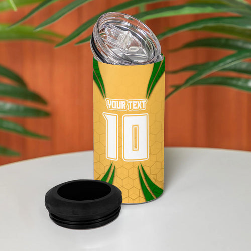 Personalized Australia Soccer Kangaroo 4 in 1 Can Cooler Tumbler Gold Green Aussie Football Mascot Dynamic Sports Graphic