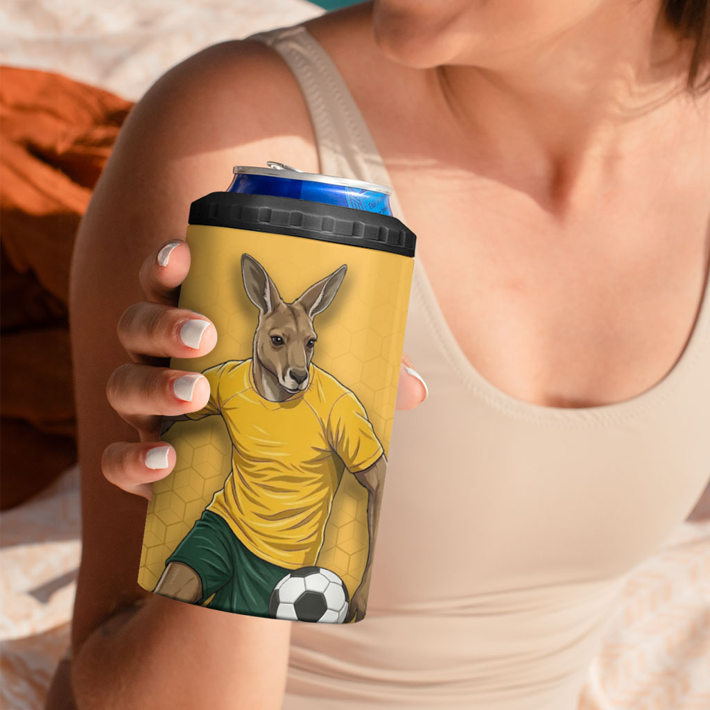 Personalized Australia Soccer Kangaroo 4 in 1 Can Cooler Tumbler Gold Green Aussie Football Mascot Dynamic Sports Graphic