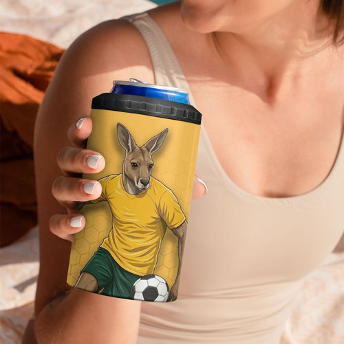 Personalized Australia Soccer Kangaroo 4 in 1 Can Cooler Tumbler Gold Green Aussie Football Mascot Dynamic Sports Graphic