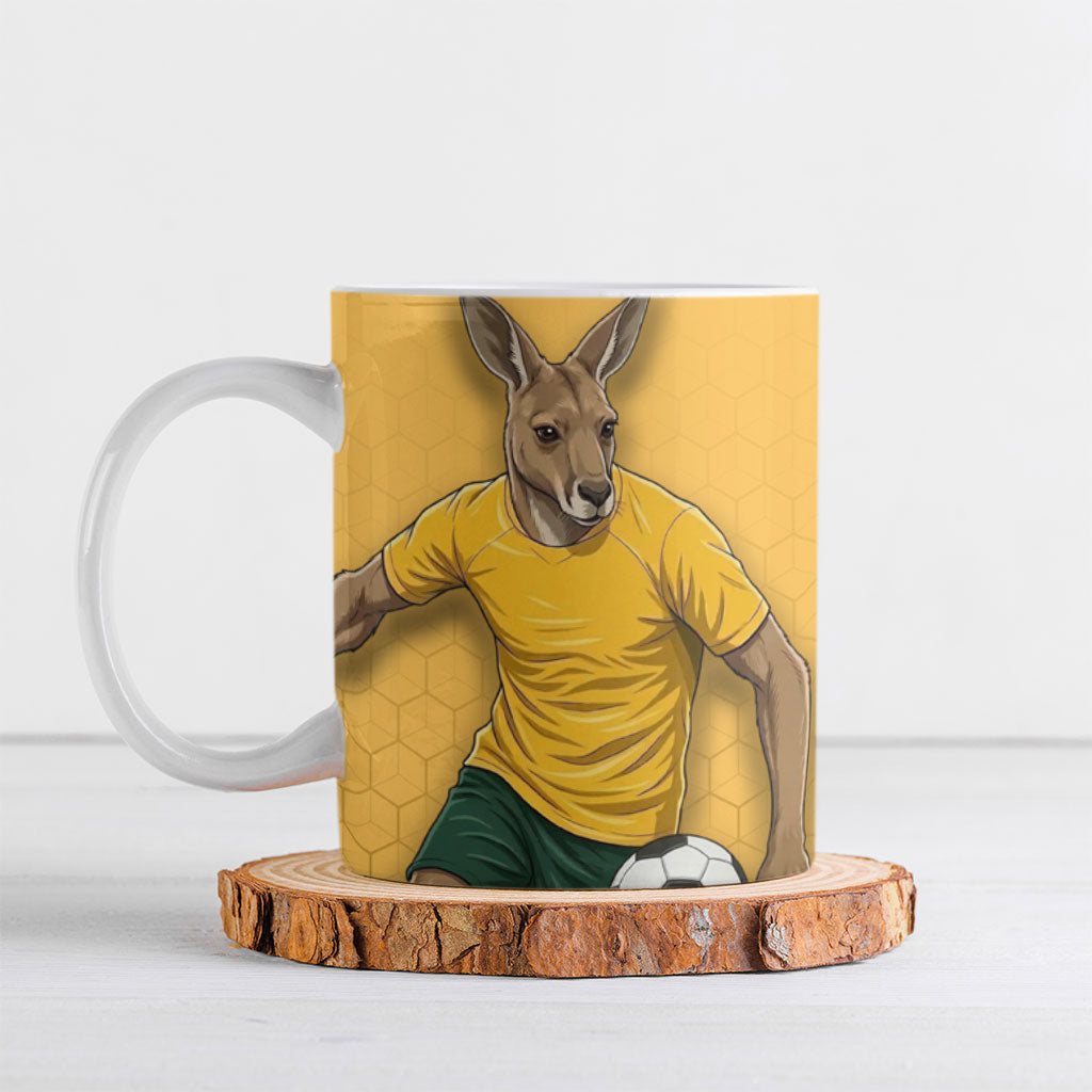Personalized Australia Soccer Kangaroo Ceramic Mug Gold Green Aussie Football Mascot Dynamic Sports Graphic