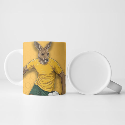 Personalized Australia Soccer Kangaroo Ceramic Mug Gold Green Aussie Football Mascot Dynamic Sports Graphic
