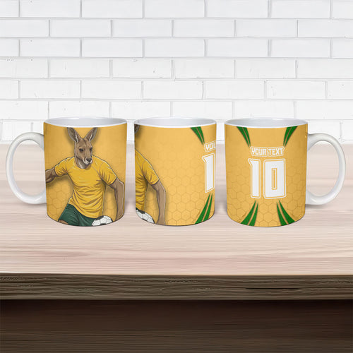 Personalized Australia Soccer Kangaroo Ceramic Mug Gold Green Aussie Football Mascot Dynamic Sports Graphic