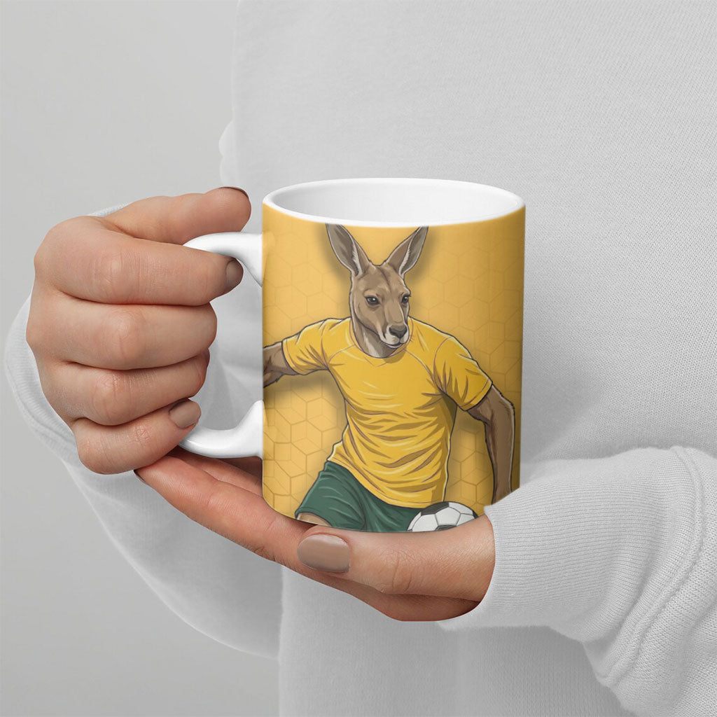 Personalized Australia Soccer Kangaroo Ceramic Mug Gold Green Aussie Football Mascot Dynamic Sports Graphic