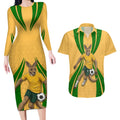 Personalized Australia Soccer Kangaroo Couples Matching Long Sleeve Bodycon Dress and Hawaiian Shirt Gold Green Aussie Football Mascot Dynamic Sports Graphic