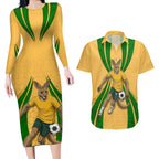 Personalized Australia Soccer Kangaroo Couples Matching Long Sleeve Bodycon Dress and Hawaiian Shirt Gold Green Aussie Football Mascot Dynamic Sports Graphic