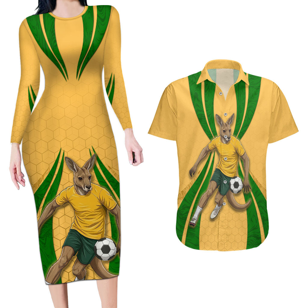 Personalized Australia Soccer Kangaroo Couples Matching Long Sleeve Bodycon Dress and Hawaiian Shirt Gold Green Aussie Football Mascot Dynamic Sports Graphic