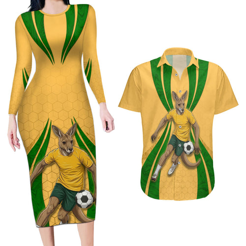 Personalized Australia Soccer Kangaroo Couples Matching Long Sleeve Bodycon Dress and Hawaiian Shirt Gold Green Aussie Football Mascot Dynamic Sports Graphic